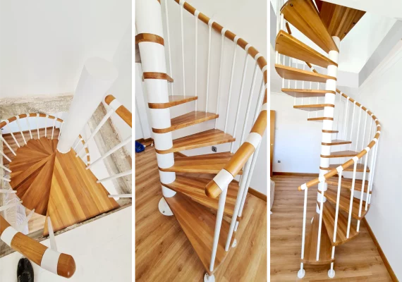 Escalera caracol blanca con peldaños de madera