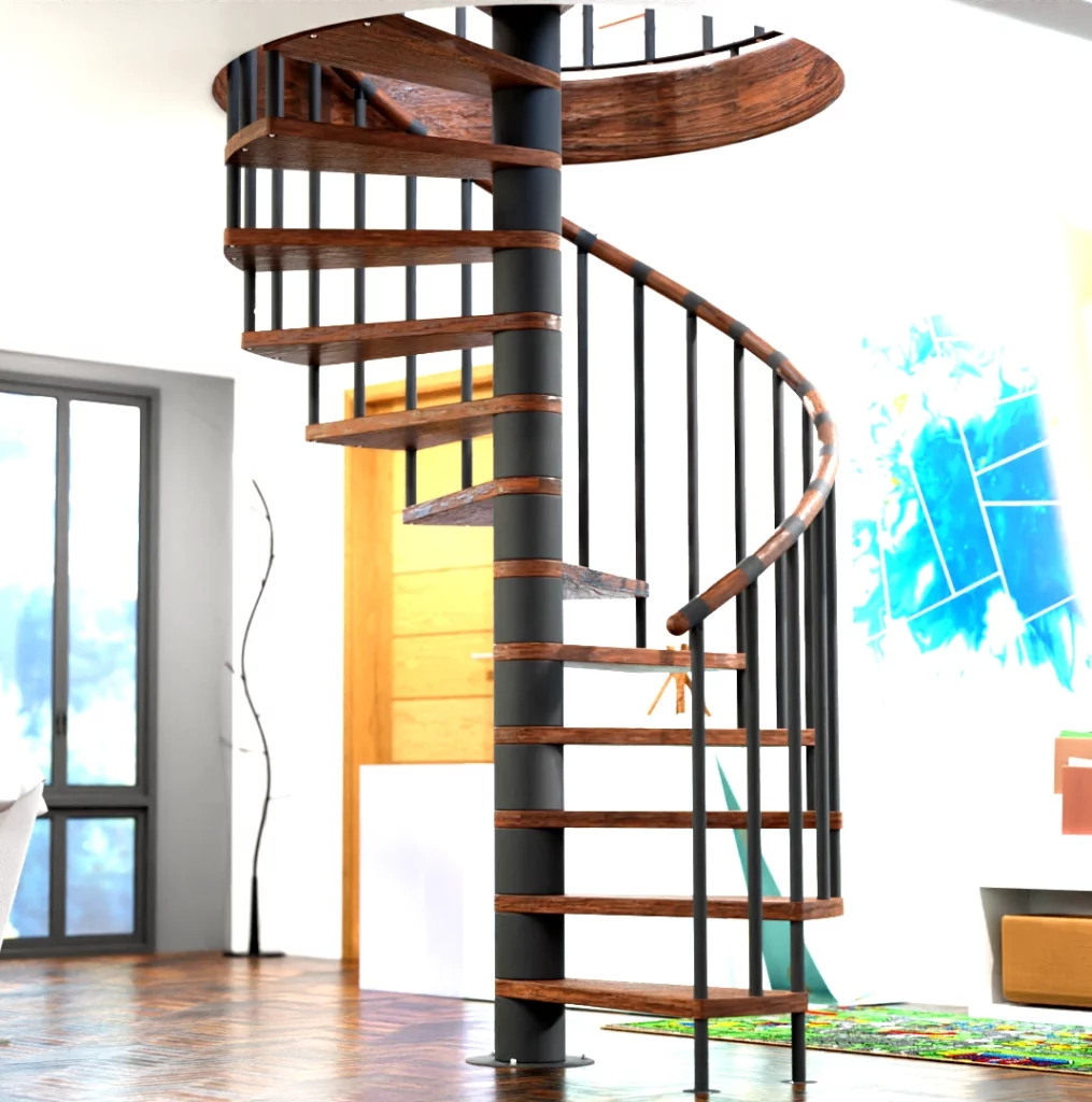 Escalera caracol Infinity de madera y acero detalle recortado, un tipo de escalera de interior