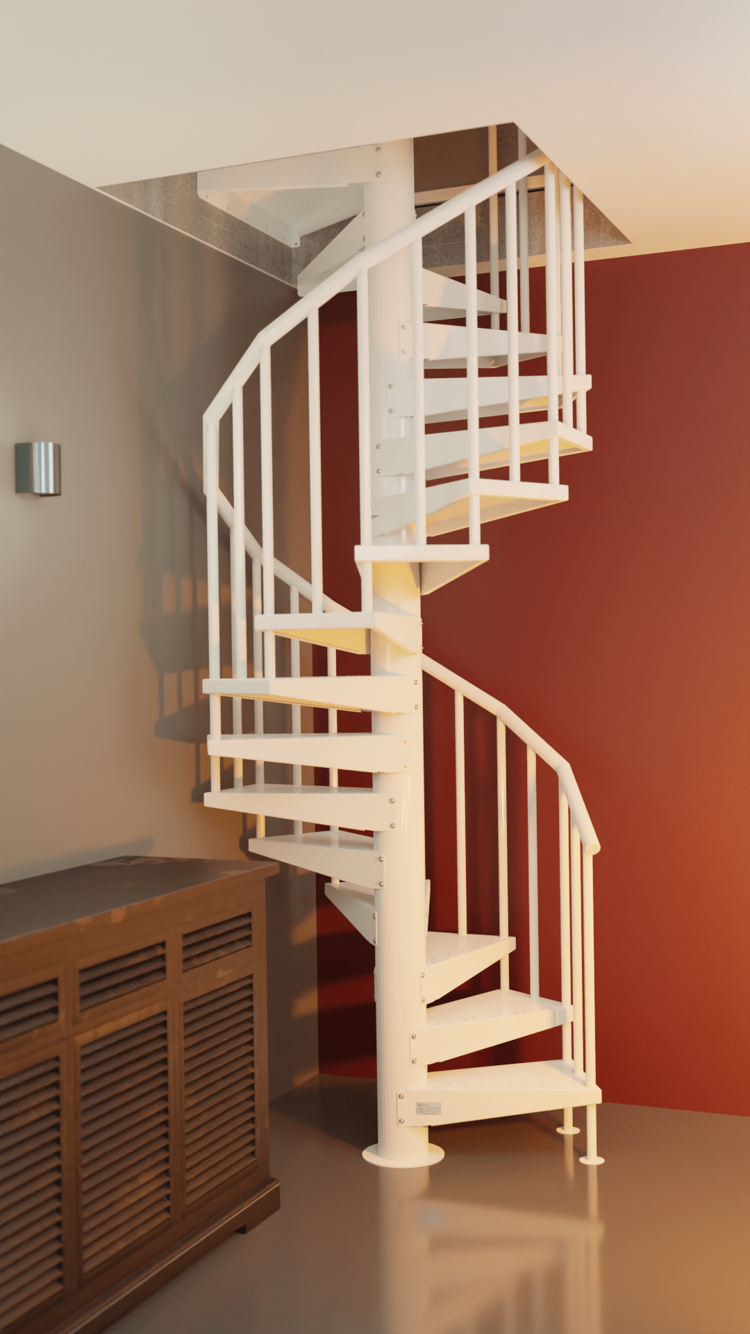 Escalera de caracol en garaje para acceso a casa metálica en color blanco