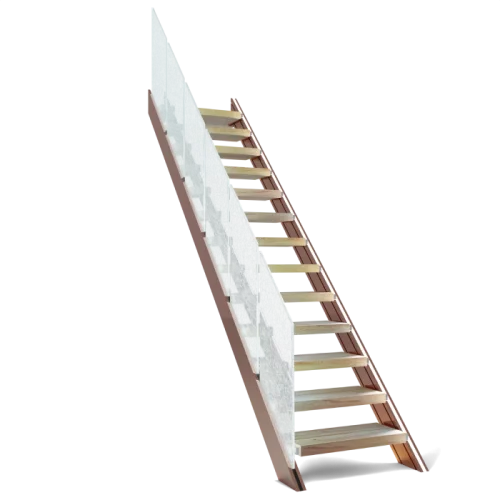 escalera de madera y metal, color cobre, con pasamanos crackelado de crital modelo musa