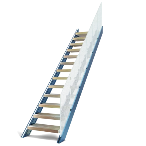 Escalera recta de madera y metal con pasamos de cristal en acabado Musa