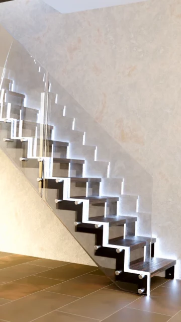 escalera recta de madera con pasamos de cristal y luz led para el interior modelo desire