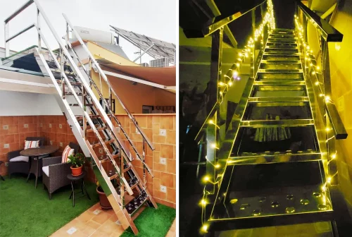 ejemplos de escaleras metálicas de exterior con luz de acero inoxidable