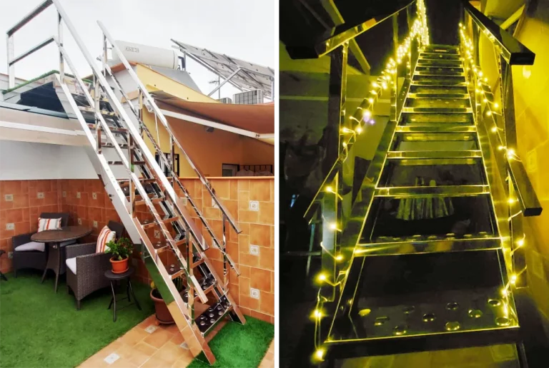 ejemplos de escaleras metálicas de exterior con luz de acero inoxidable