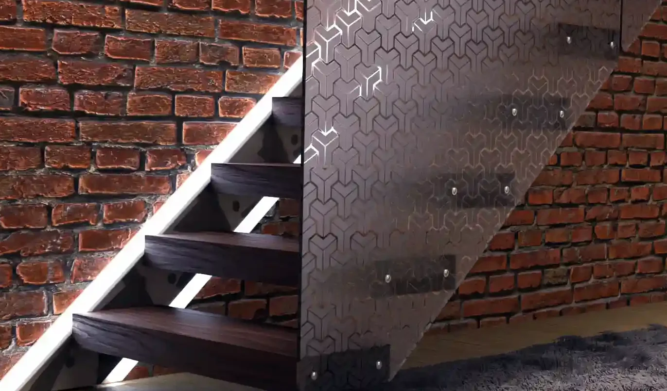 Escalera Volada de interior con luz y pasamanos acristalado. Cristal rotulado con vinilo ácido