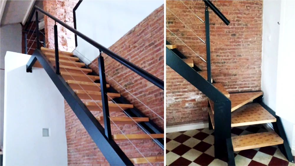 Escalera farctory class negra con peldaños de madera estilo steampunk